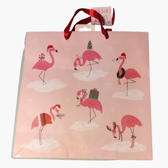 Pink Flamingo Christmas Gift Bag Ribbon Handles Fa La Lamingo Tag - Picture 3 of 6